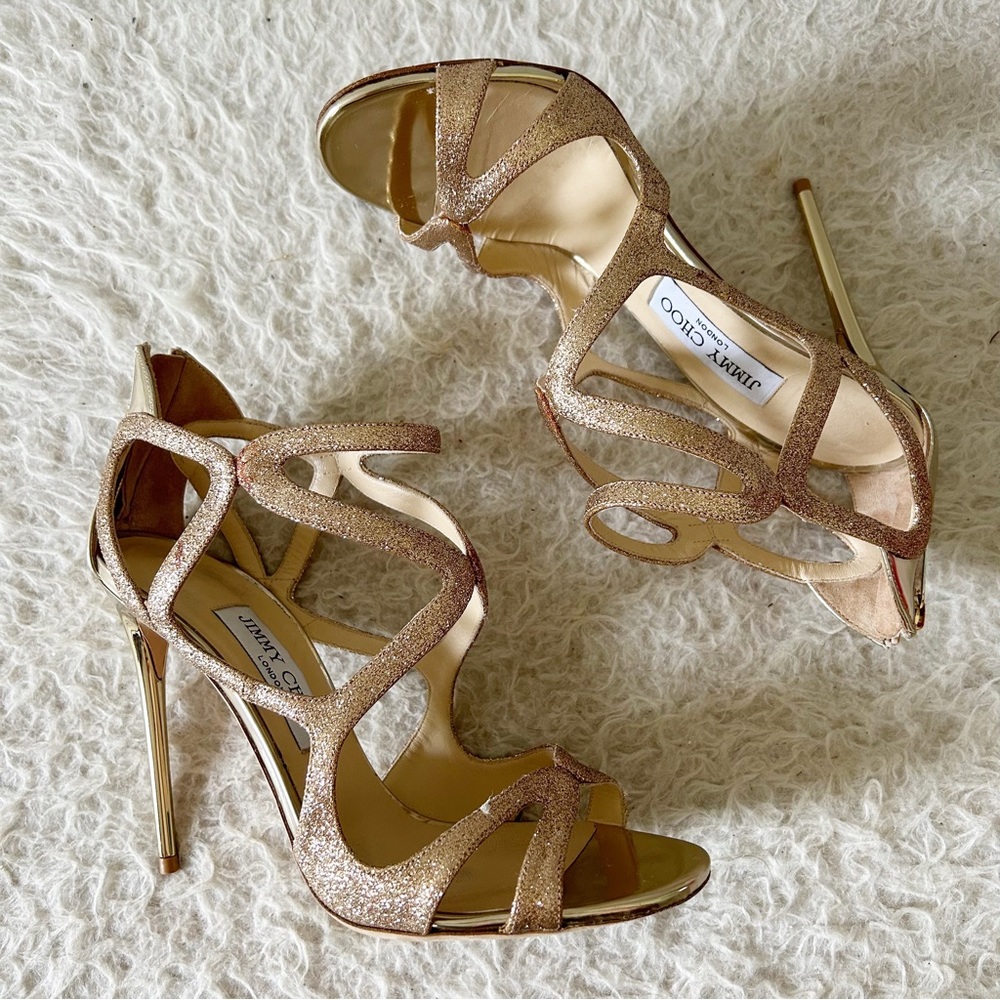 Jimmy Choo Leslie Gold Champagne Glitter Strappy Caged Heels Sandals Size EU 38 - Picture 5 of 14